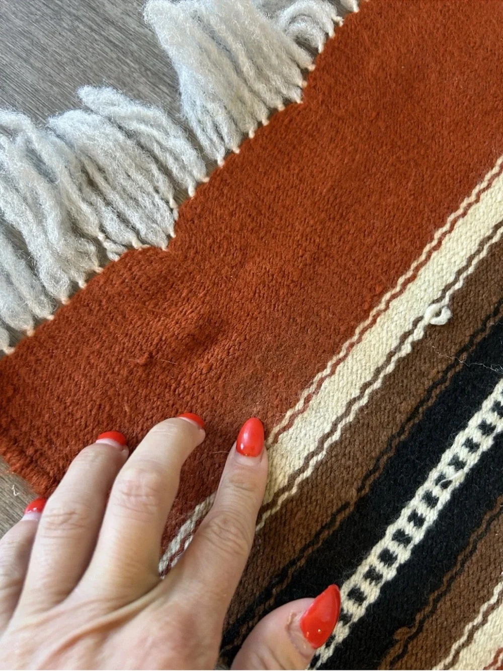 Vintage Handwoven Southwestern Wool Rug Mexican Style Rust Fringe 34.5x15.5